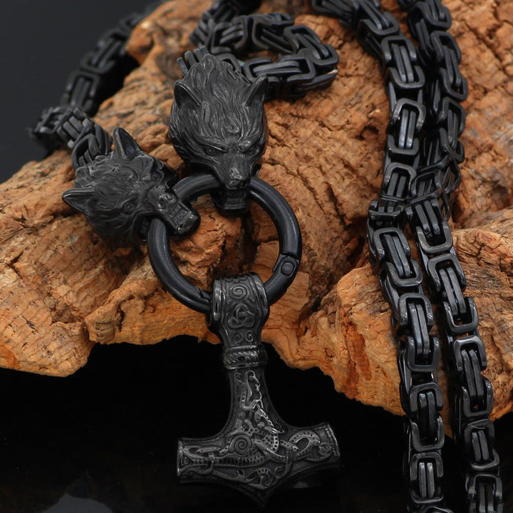 WorldNorse Viking Style Wolf Head Mjolnir Necklace