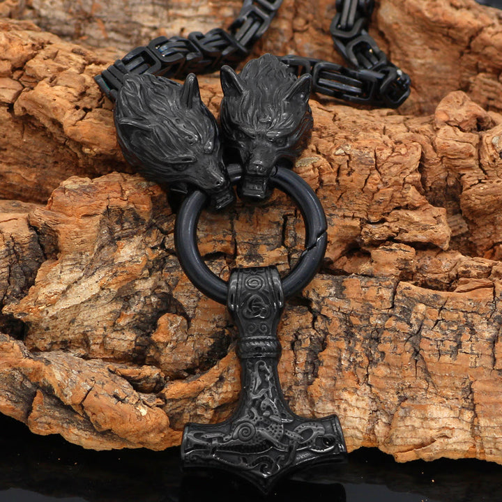 WorldNorse Viking Style Wolf Head Mjolnir Necklace