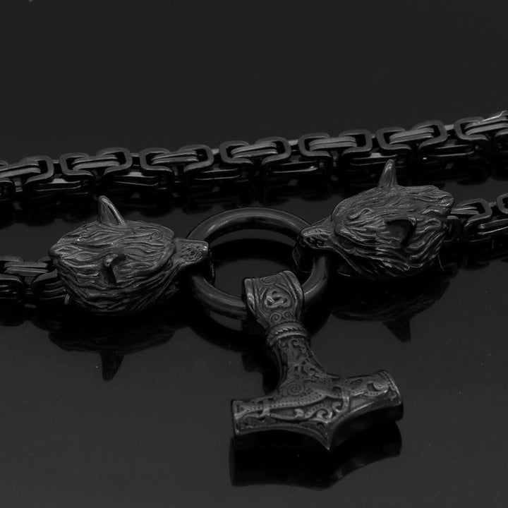 WorldNorse Viking Style Wolf Head Mjolnir Necklace