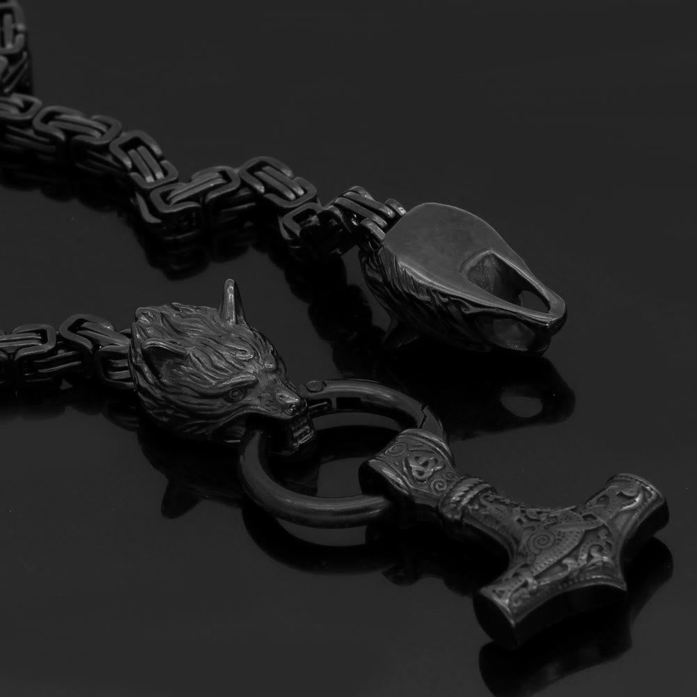 WorldNorse Viking Style Wolf Head Mjolnir Necklace