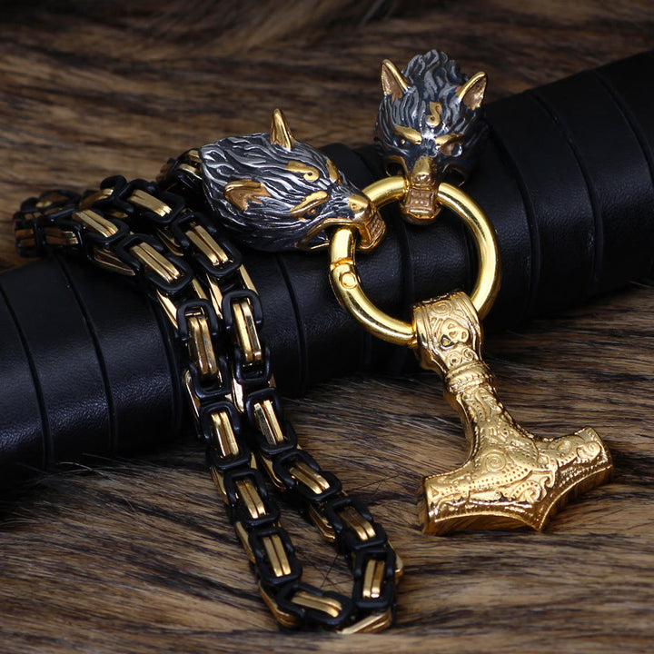 WorldNorse Twin Wolf Head Mjölnir Rune Necklace