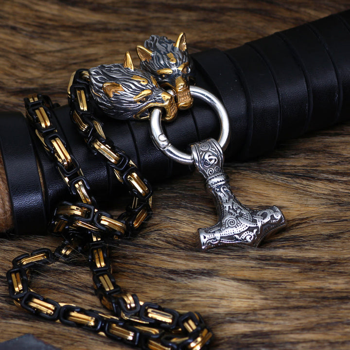 WorldNorse Twin Wolf Head Mjölnir Rune Necklace