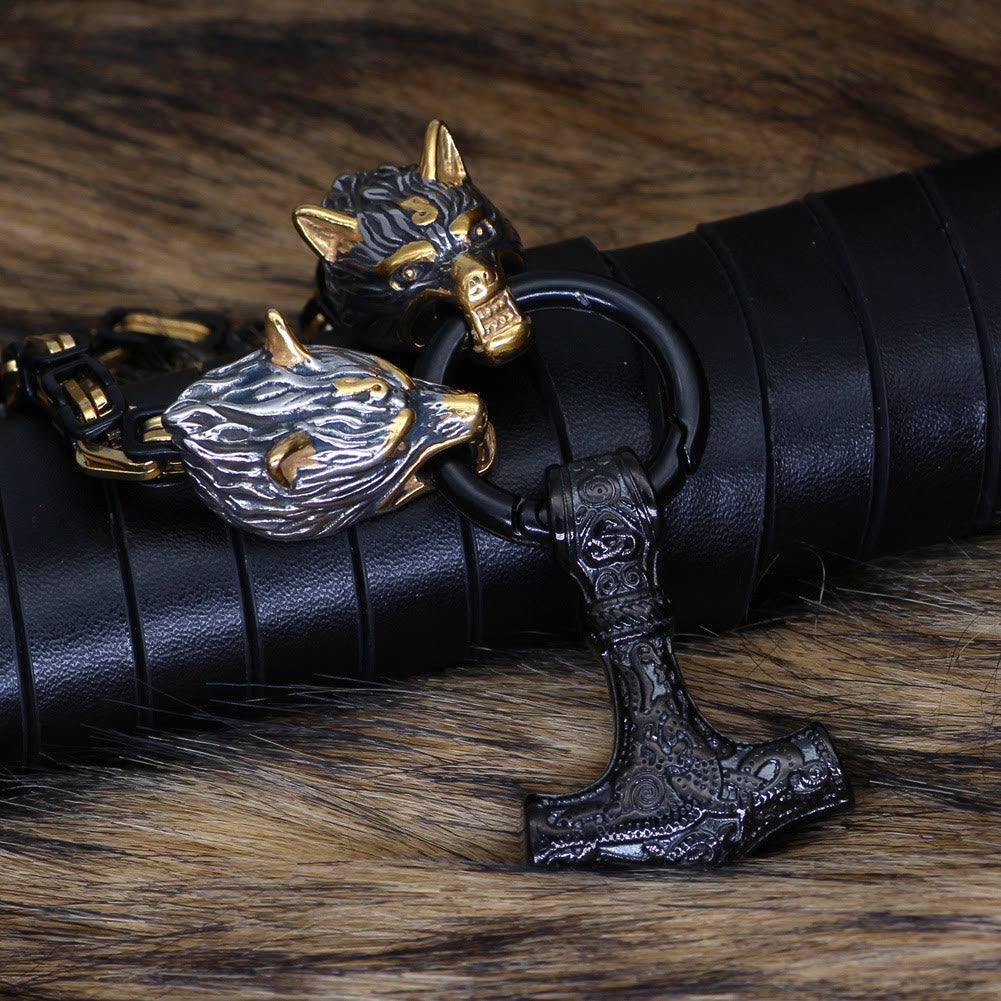 WorldNorse Twin Wolf Head Mjölnir Rune Necklace