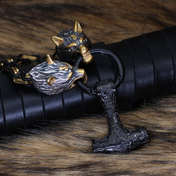 WorldNorse Twin Wolf Head Mjölnir Rune Necklace