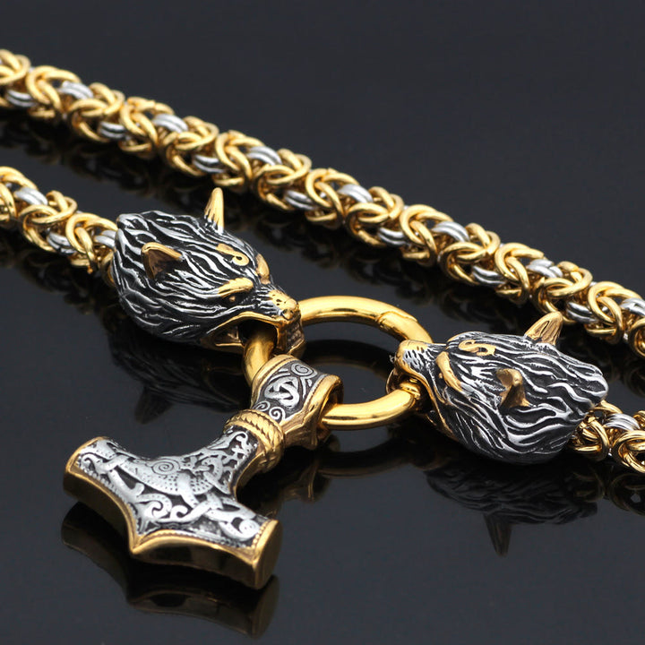 WorldNorse Twin Wolf Head Mjölnir Necklace - image 1