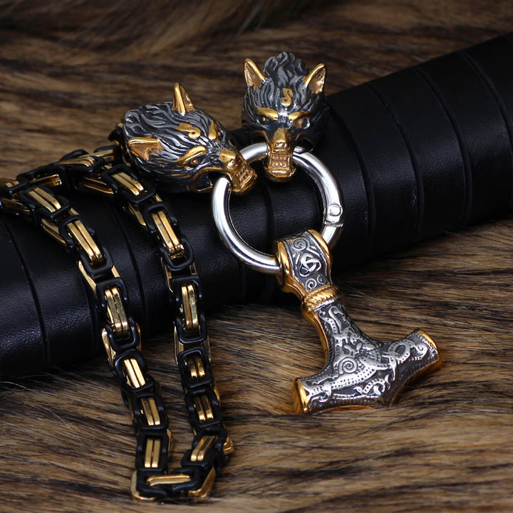 WorldNorse Twin Wolf Head Mjölnir Rune Necklace