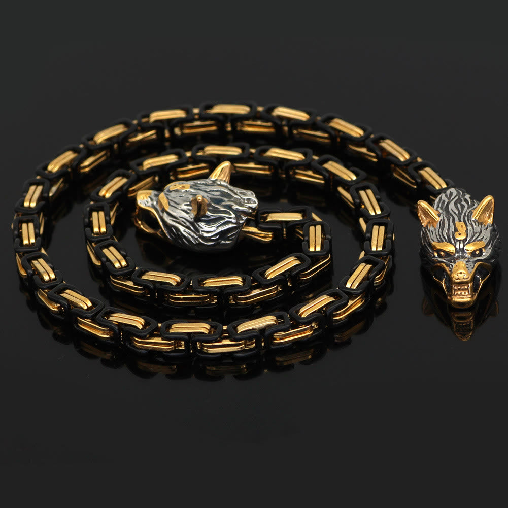 WorldNorse Twin Wolf Head Mjölnir Rune Necklace