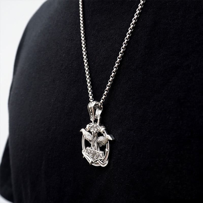 WorldNorse 925 Sterling Silver Mjolnir Huginn and Muninn Necklace