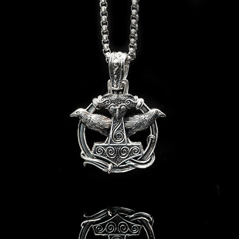 WorldNorse 925 Sterling Silver Mjolnir Huginn and Muninn Necklace