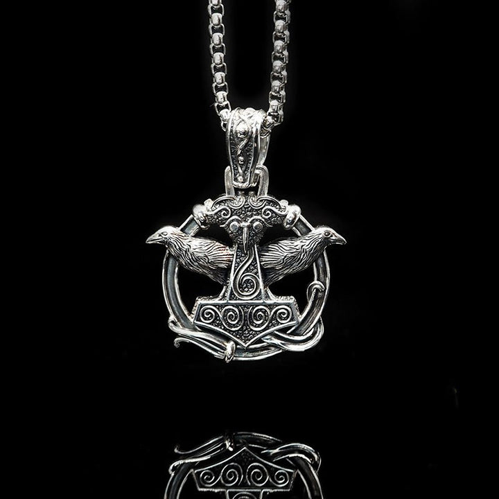 WorldNorse 925 Sterling Silver Mjolnir Huginn and Muninn Necklace