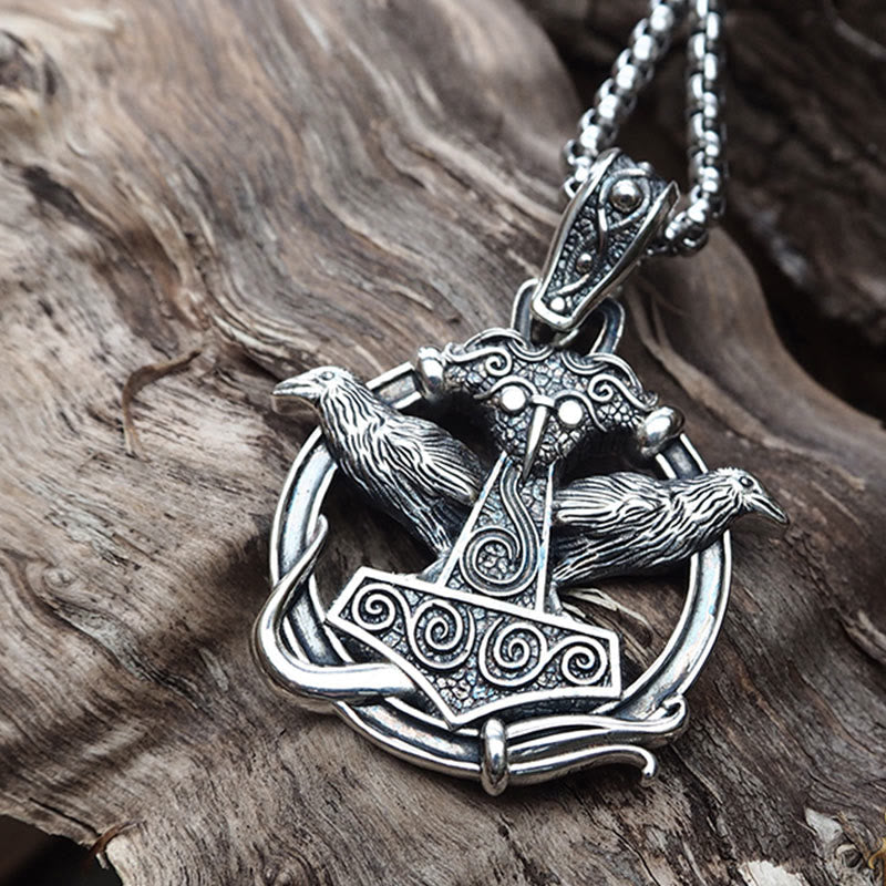 WorldNorse 925 Sterling Silver Mjolnir Huginn and Muninn Necklace