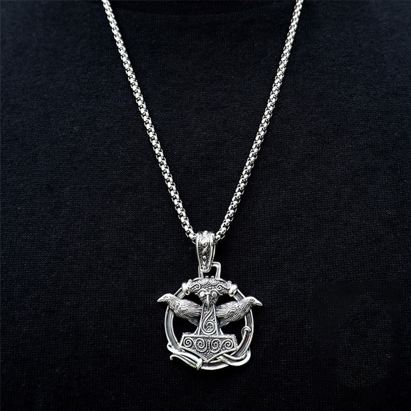 WorldNorse 925 Sterling Silver Mjolnir Huginn and Muninn Necklace