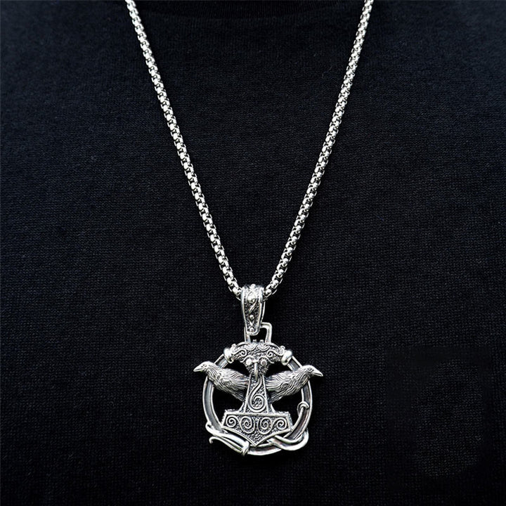 WorldNorse 925 Sterling Silver Mjolnir Huginn and Muninn Necklace