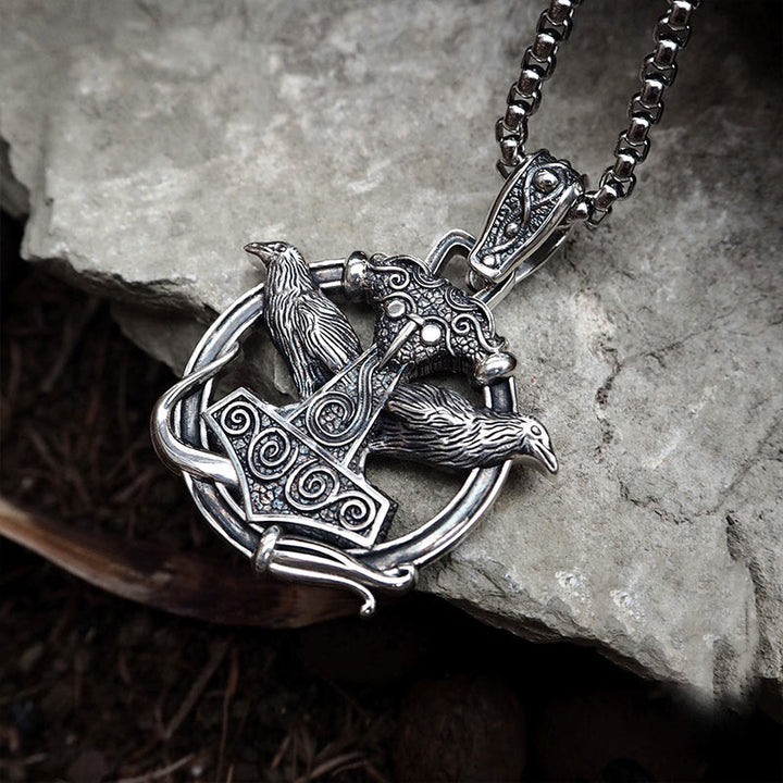 WorldNorse 925 Sterling Silver Mjolnir Huginn and Muninn Necklace