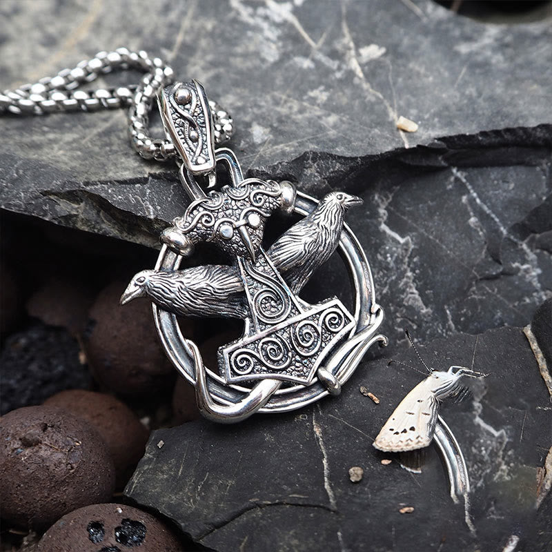 WorldNorse 925 Sterling Silver Mjolnir Huginn and Muninn Necklace