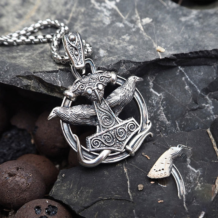 WorldNorse 925 Sterling Silver Mjolnir Huginn and Muninn Necklace