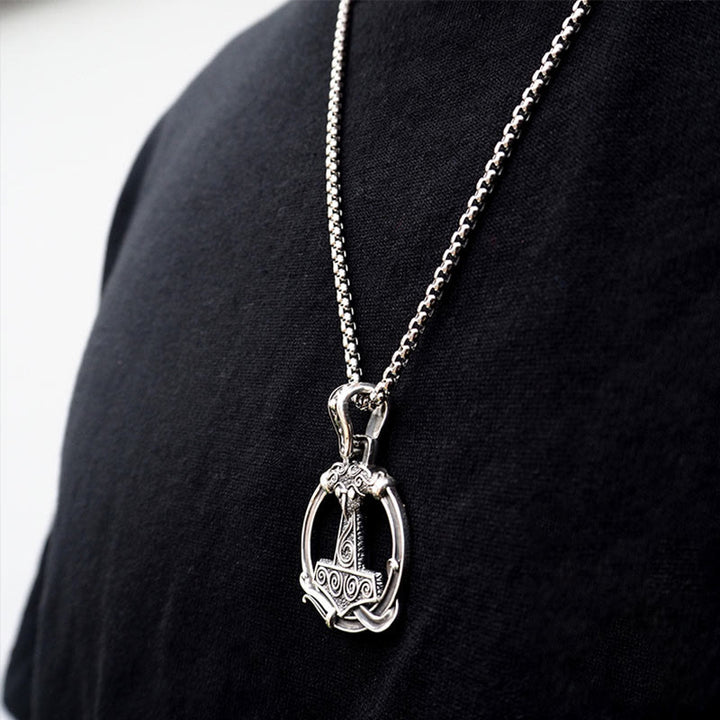 WorldNorse 925 Sterling Silver Mjolnir Huginn and Muninn Necklace
