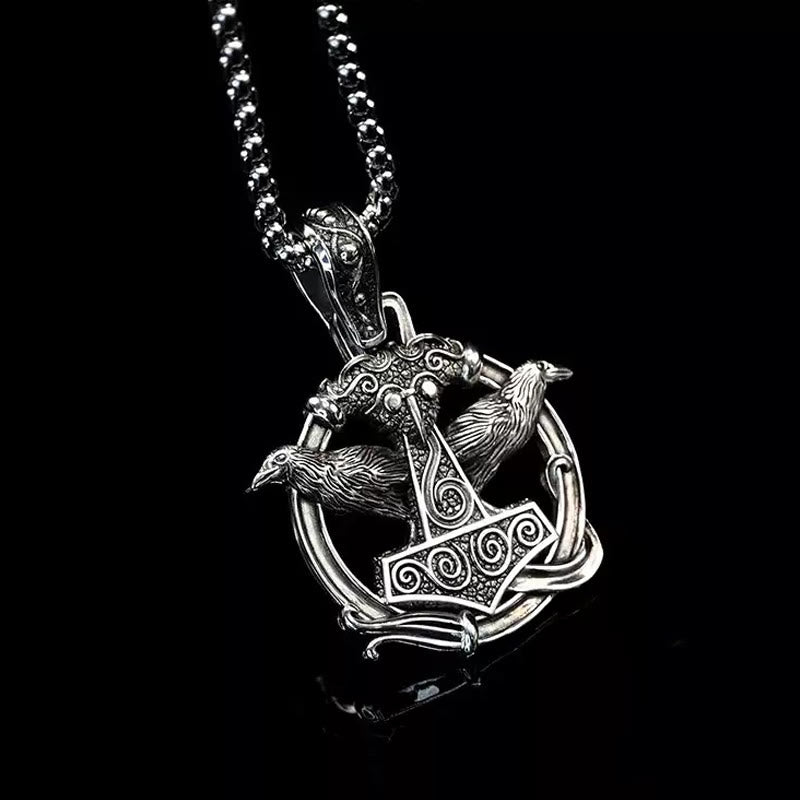 WorldNorse 925 Sterling Silver Mjolnir Huginn and Muninn Necklace