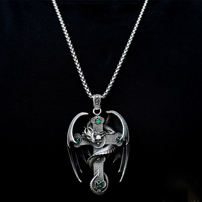 WorldNorse 925 Sterling Silver Gothic Emerald Dragon Cross Necklace