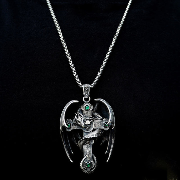 WorldNorse 925 Sterling Silver Gothic Emerald Dragon Cross Necklace