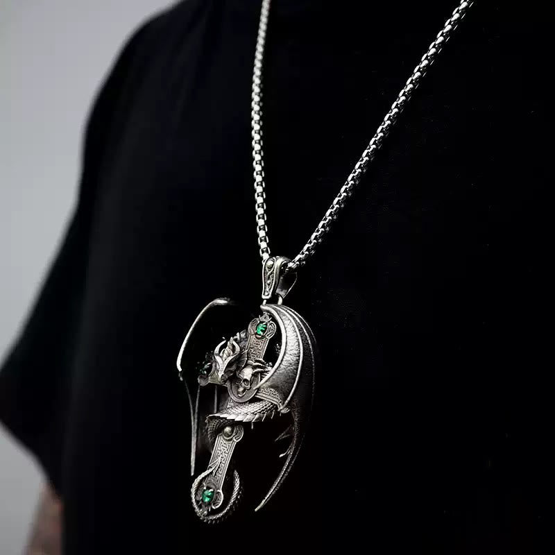WorldNorse 925 Sterling Silver Gothic Emerald Dragon Cross Necklace