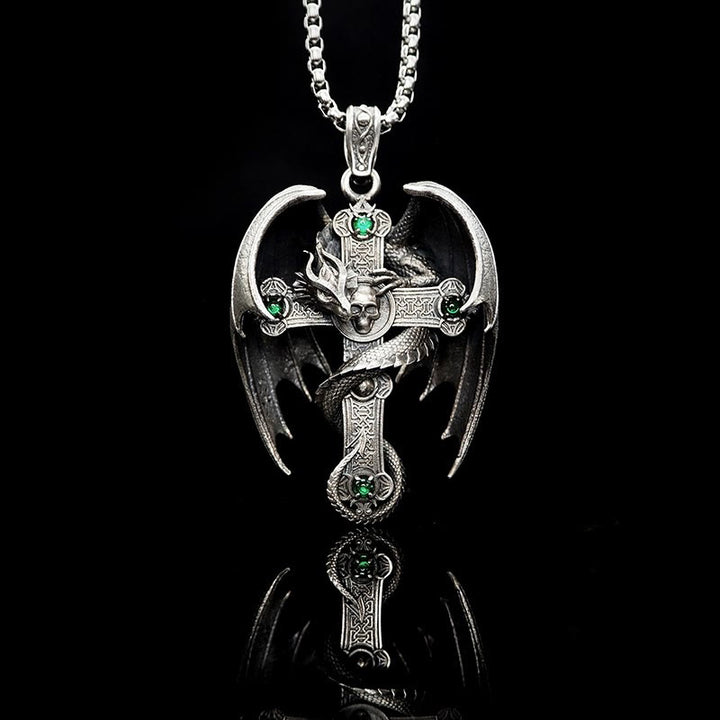 WorldNorse 925 Sterling Silver Gothic Emerald Dragon Cross Necklace