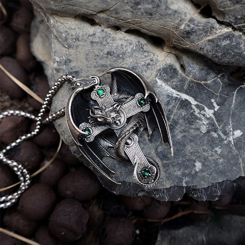 WorldNorse 925 Sterling Silver Gothic Emerald Dragon Cross Necklace