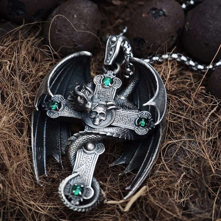 WorldNorse 925 Sterling Silver Gothic Emerald Dragon Cross Necklace