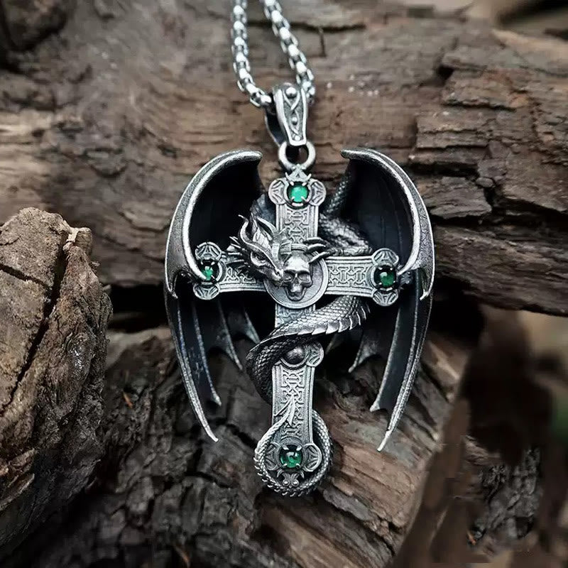 WorldNorse 925 Sterling Silver Gothic Emerald Dragon Cross Necklace - image 3