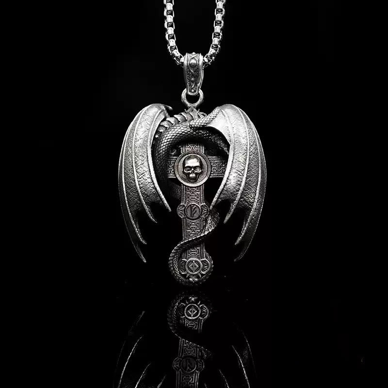 WorldNorse 925 Sterling Silver Gothic Emerald Dragon Cross Necklace