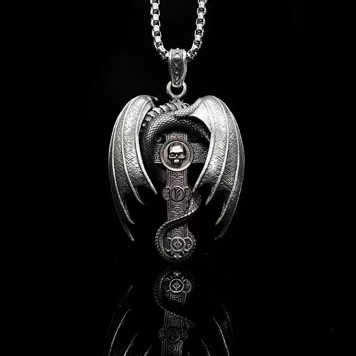 WorldNorse 925 Sterling Silver Gothic Emerald Dragon Cross Necklace