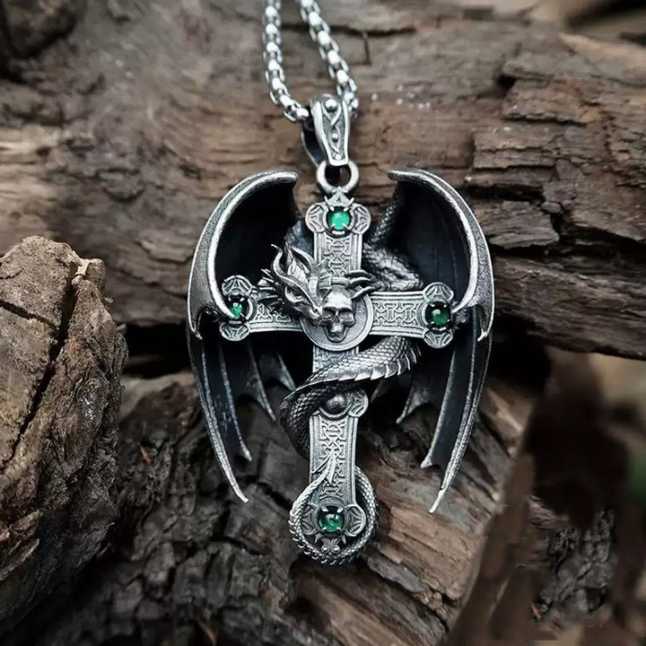 WorldNorse 925 Sterling Silver Gothic Emerald Dragon Cross Necklace