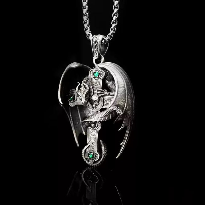 WorldNorse 925 Sterling Silver Gothic Emerald Dragon Cross Necklace