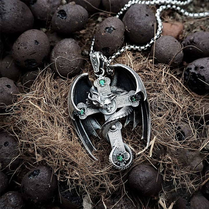 WorldNorse 925 Sterling Silver Gothic Emerald Dragon Cross Necklace