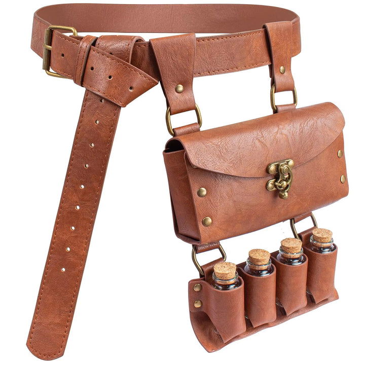 WorldNorse Medieval 4 Cork Bottles Potion Belt Pouch Bag - Brown - image 0