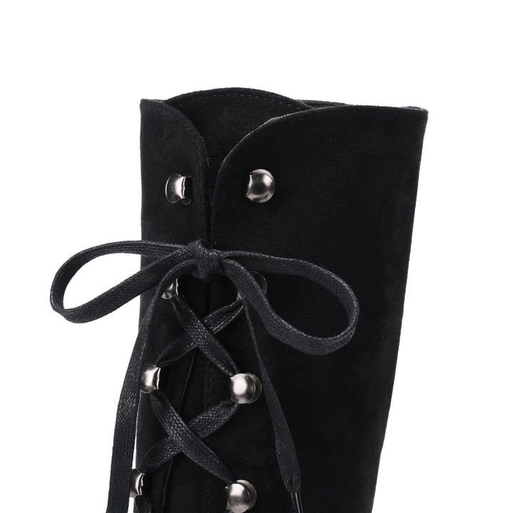 Worldnorse Women Chunky Heel Lace Up Mid Calf Boots