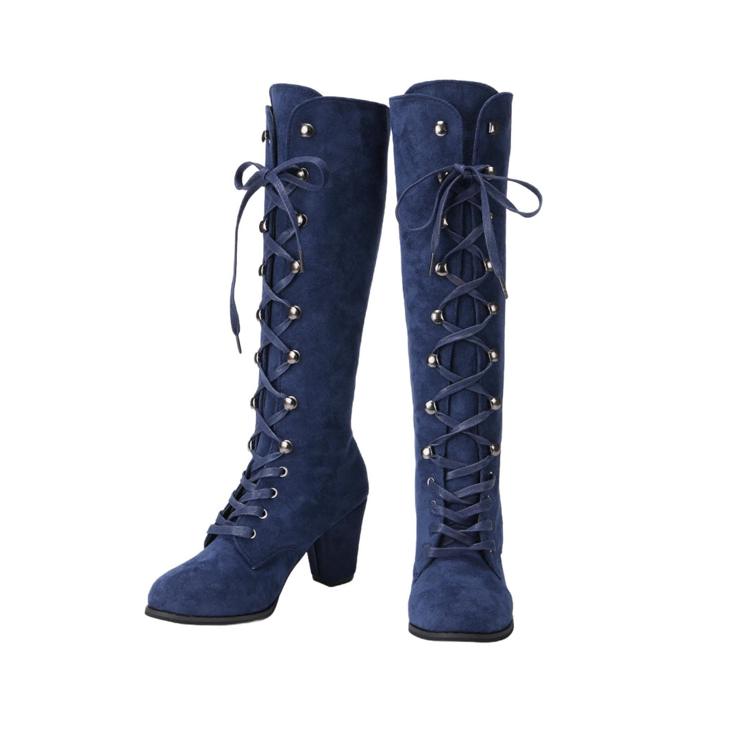 Worldnorse Women Chunky Heel Lace Up Mid Calf Boots