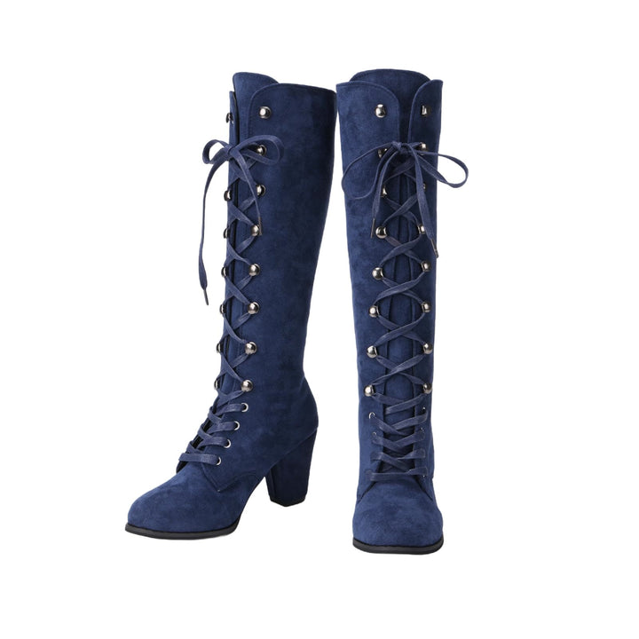 Worldnorse Women Chunky Heel Lace Up Mid Calf Boots