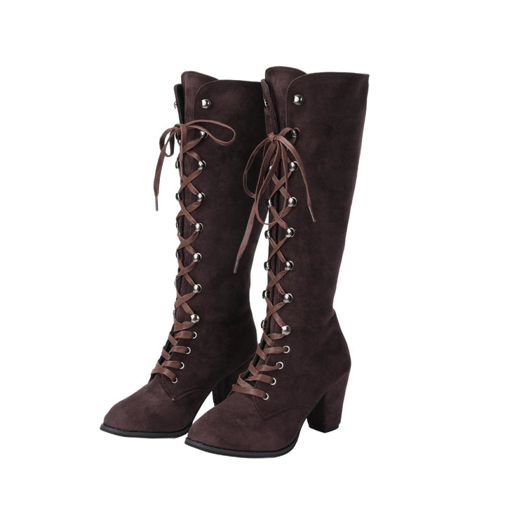 Worldnorse Women Chunky Heel Lace Up Mid Calf Boots