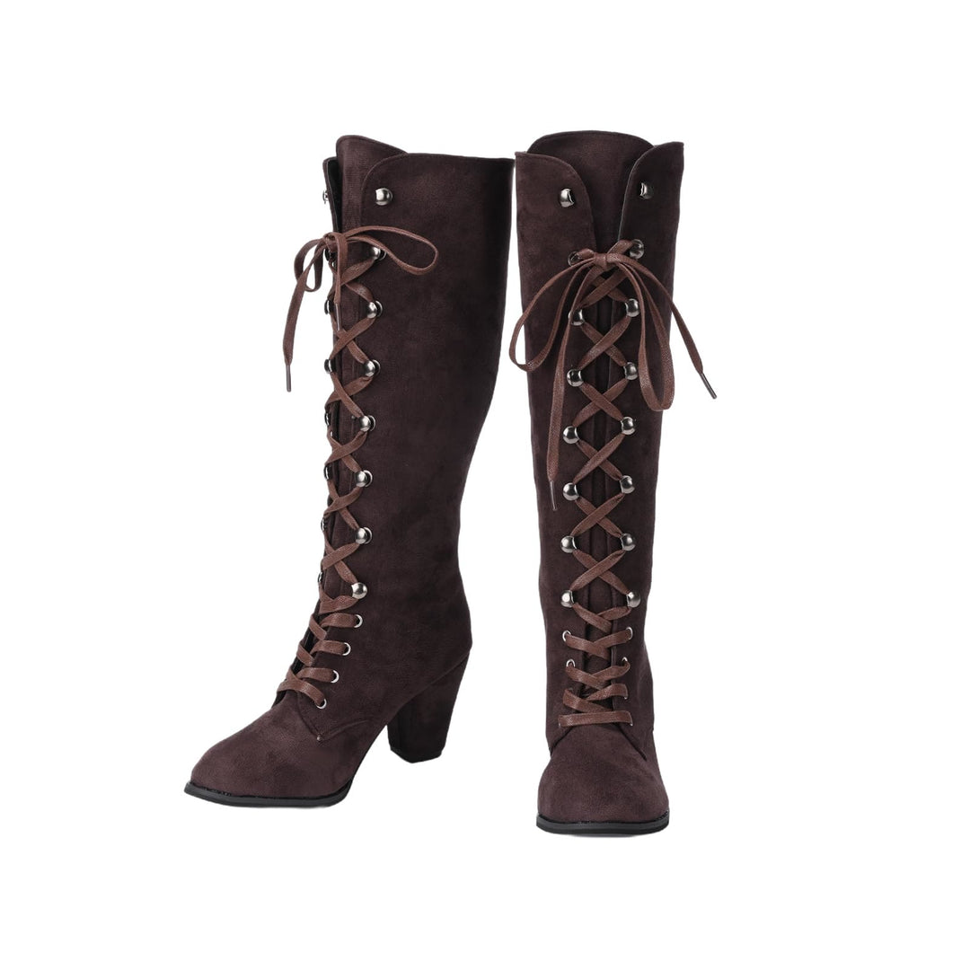 Worldnorse Women Chunky Heel Lace Up Mid Calf Boots