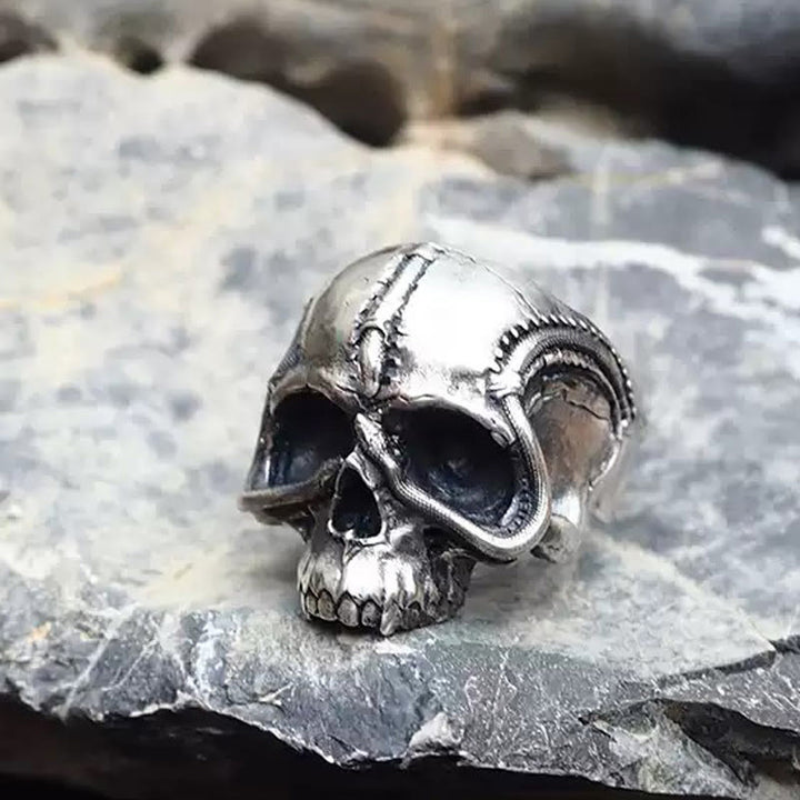 WorldNorse Handcrafted 925 Silver Snake Plate Skull Ring - image 1