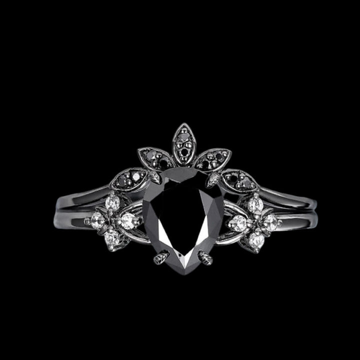 WorldNorse Black Onyx Tear Crown Ring Set - AU Size T1/2 (US 10) - image 0