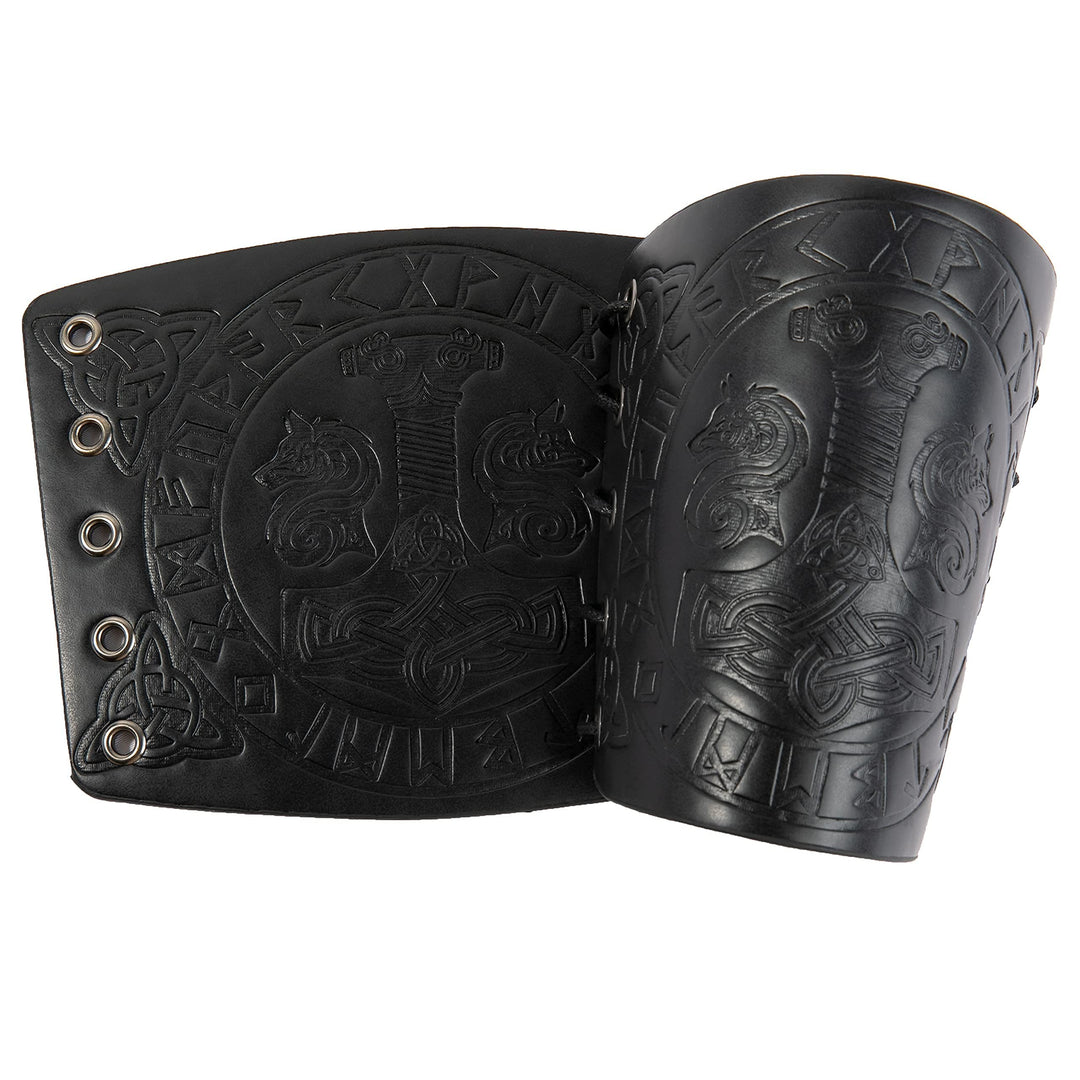 WorldNorse Viking Embossed Mjolnir Wolves Rune Arm Bracers - Black - image 7