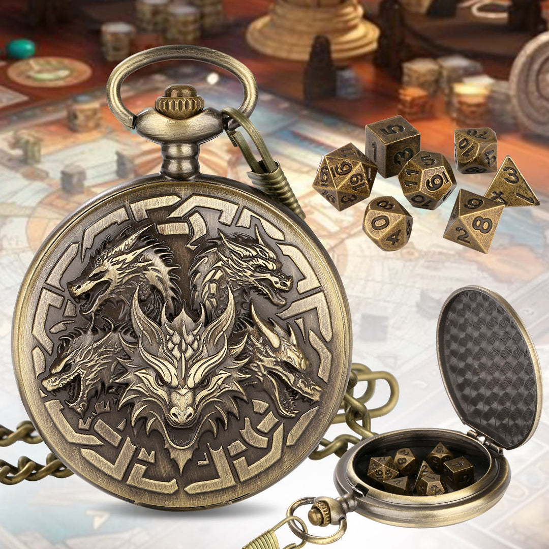 WorldNorse Norse Dragon Dice Accessories Waist Chain - Pocket Watch Case + Chain + Dice - Gold - image 0