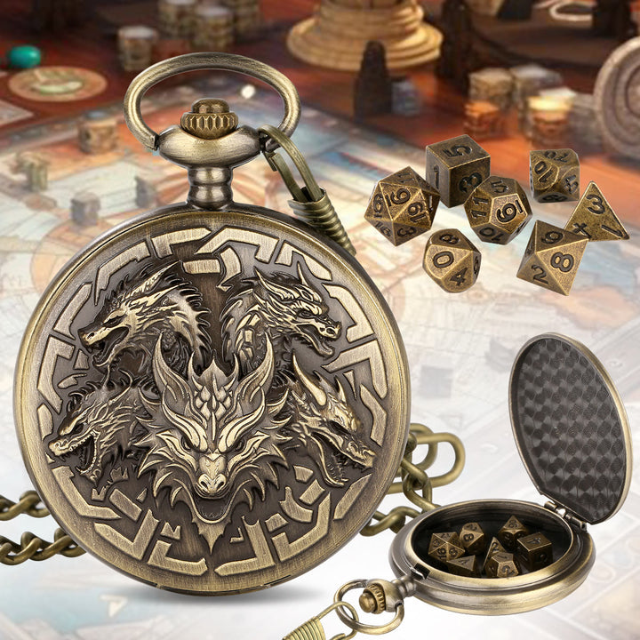 WorldNorse Norse Dragon Dice Accessories Waist Chain - Pocket Watch Case + Chain + Dice - Gold - image 0