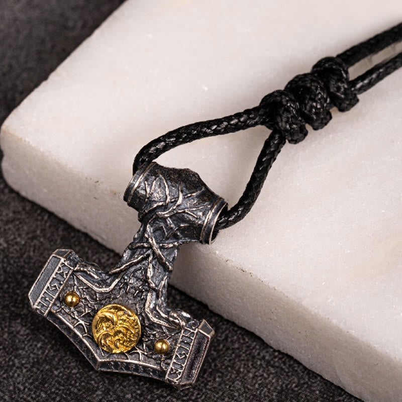 WorldNorse Handcrafted 925 Silver Mjolnir Norse Beast Emblem Necklace - With Wax Rope - image 1
