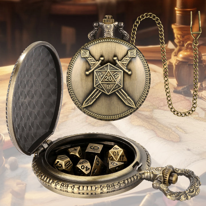 WorldNorse Dual Swords Polyhedral Dice Waist Chain - Pocket Watch Case + Chain + Dice - Gold - image 0