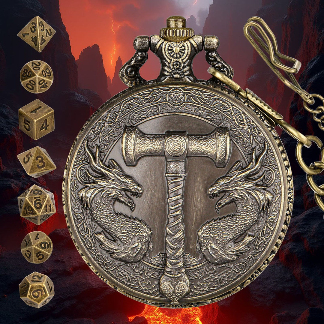 WorldNorse Hammer Double Dragons Dice Set Waist Chain - Pocket Watch Case + Chain + Dice - Gold - image 0
