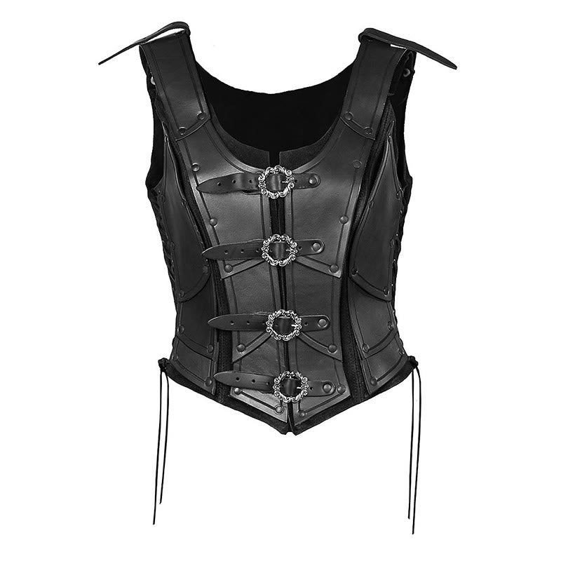 WorldNorse Women Retro Rivet Four Ring Buckles Chest Armor  - Black - image 4
