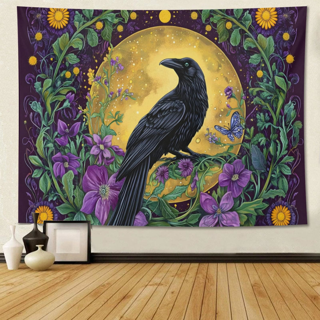 WorldNorse Raven Amidst Golden Moon Wildflowers Tapestry - image 1